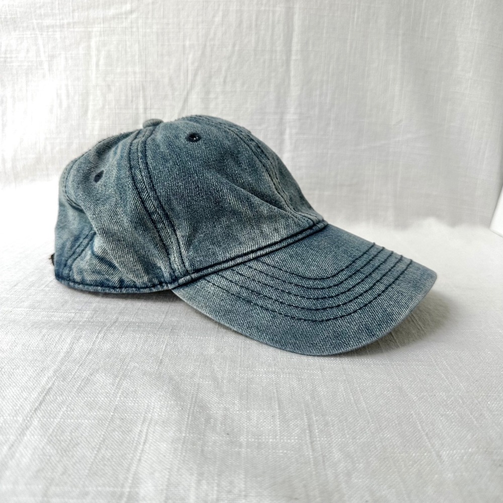 Vintage Washed Denim Baseball Cap Faded Blue Jean Dad Hat Leather Strap 90s Y2K